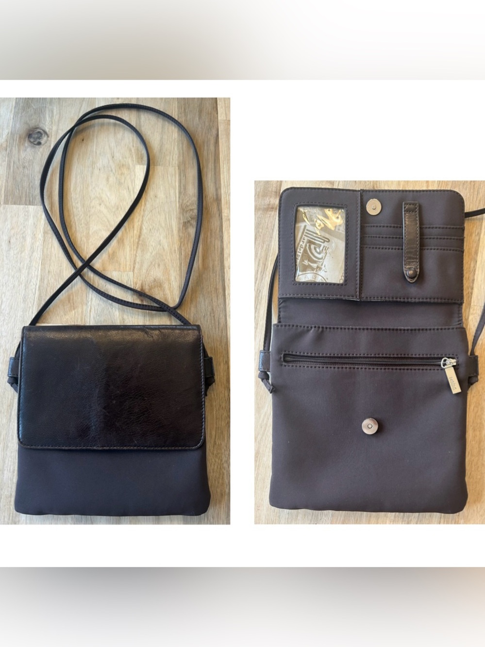 Hobo International Leather & Nylon Brown  Crossbody Purse Pouch Built In Wallet